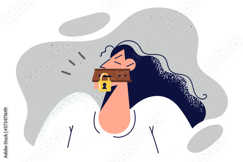 Woman with padlock near mouth to restrict freedom of speech and silence secret topics in news