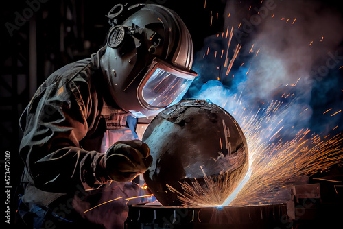 Welder welding steel ball with spark flares in the factory, generative AI