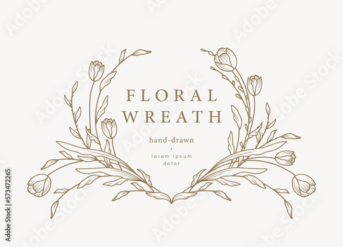 Hand drawn floral frame in line style with tulips. Elegant vintage wreath. Vector illustration of botanical decor elements for label, corporate identity, wedding invitation, greeting card