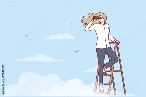 Woman leader stands on top of stepladder among clouds and looks into distance through binoculars. Purposeful girl climbing career ladder makes plans for future to search for business opportunities 