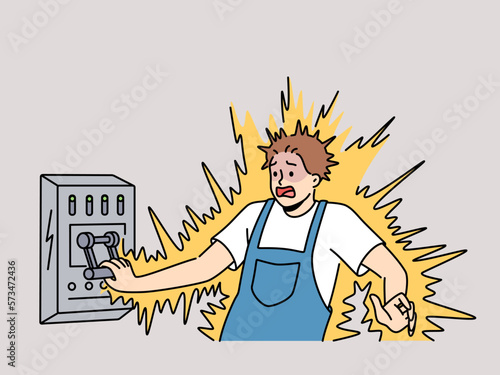 Man get electric shock from dashboard. Technician or mechanic suffer from electrical injury. Healthcare and danger. Vector illustration. 