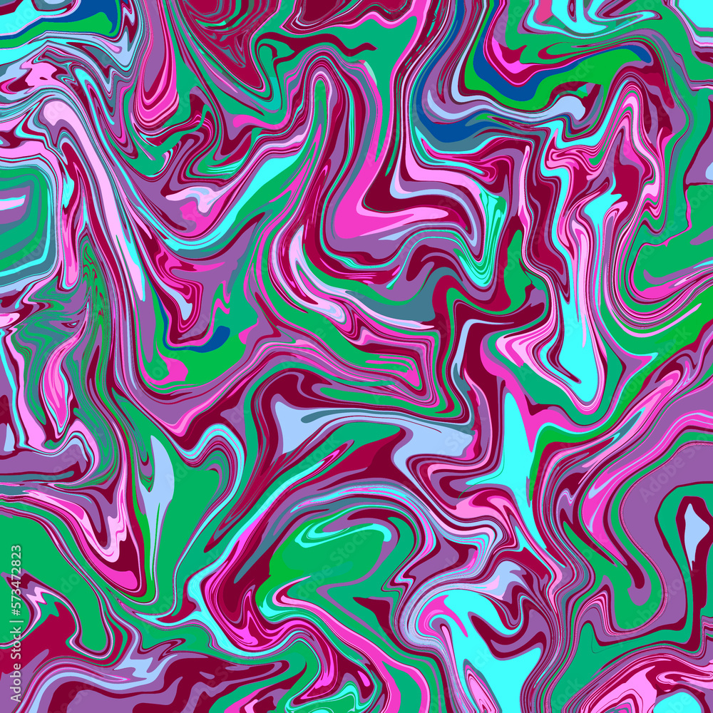 Abstract bright multicolored swirl marble Dynamic curved wavy stripes in bold green, pink, magenta, purple and blue