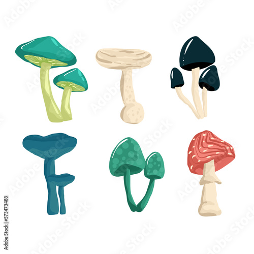 Set of mushrooms in the hand drawing style. Psychedelic abstract mushrooms, hippie style. Vector illustration isolated on a white background.