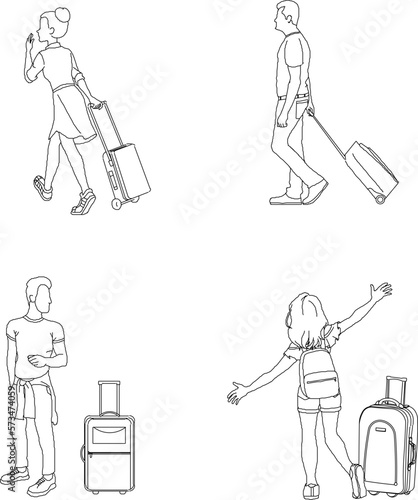 People walking with wheeled bag silhouette illustration vector sketch