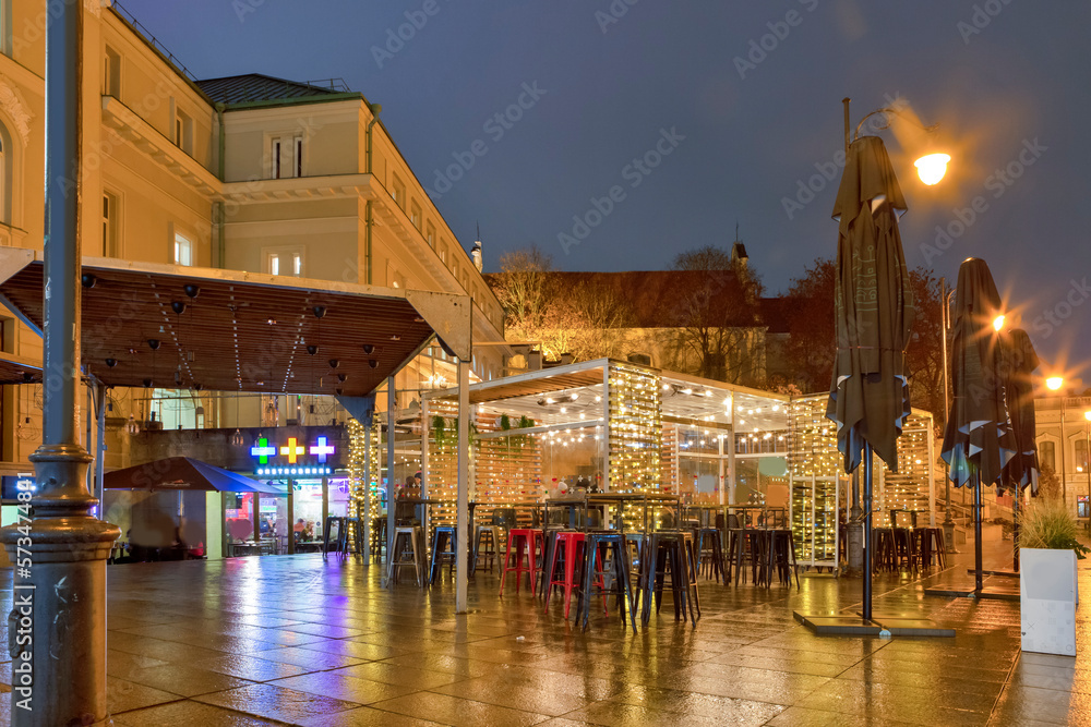 Vilnus, Lithuania- November 11, 2022: old caffee on Street of Christmas Vilnius , Lithuania