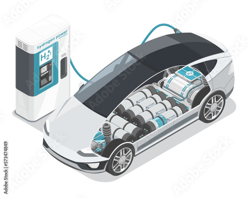 Green Hydrogen fuel cell car stop at Refual Charging Station Ecology cut inside show H2 storage tank Ecology Concept isometric isolated vector 
