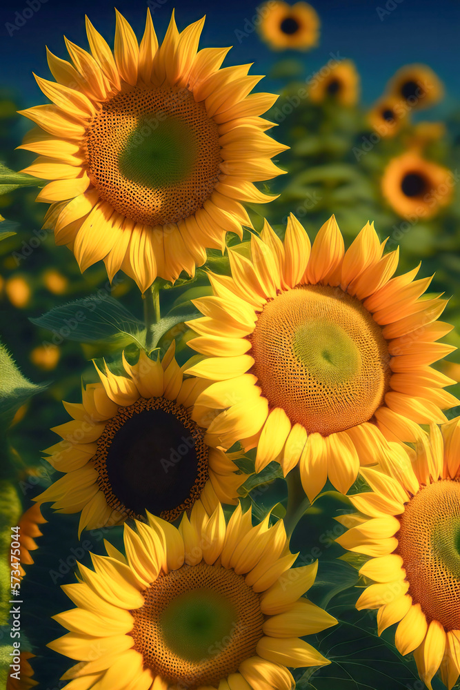 Fototapeta premium Beautiful sunflowers close-up in the field. AI generated.