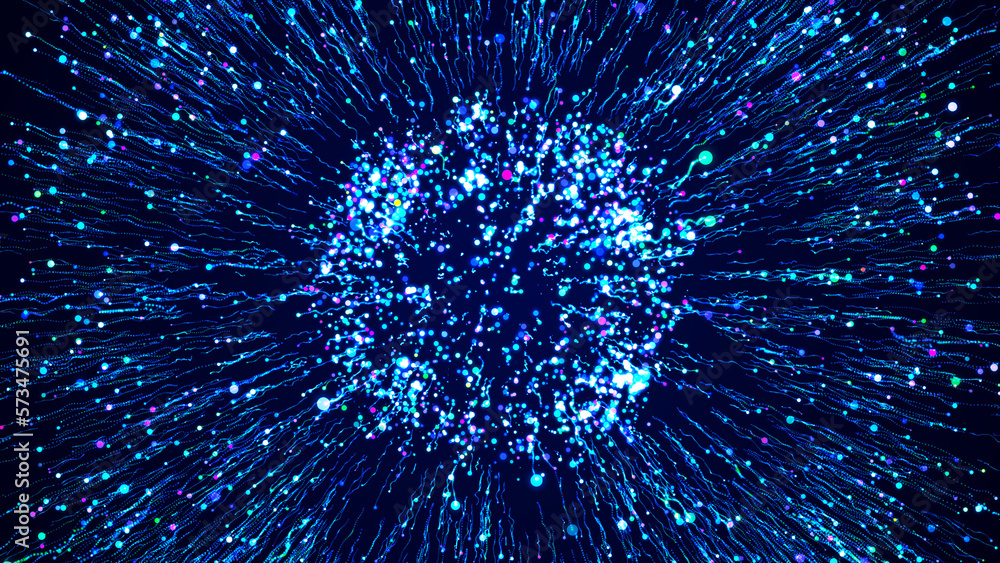 Obraz premium Colorful fireworks. Aerial flyight inside festive fireworks. Speed, fireworks, red blue neon glow, stars. 3D render.