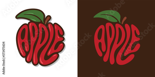 Fresh red apple fruit typography sign. Hand drawn apple word lettering for logo, label, badge, emblem. Glossy colorful sticker. Vector illustration.