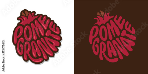 Fresh pomegranate fruit typography sign. Hand drawn pomegranate word lettering for logo, label, badge, emblem. Glossy colorful sticker. Vector illustration.