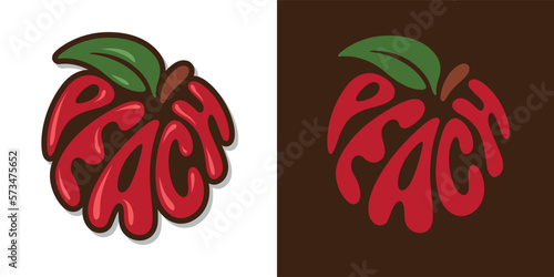 Fresh peach fruit typography sign. Hand drawn peach word lettering for logo, label, badge, emblem. Glossy colorful sticker. Vector illustration.