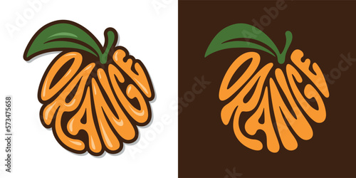 Fresh orange fruit typography sign. Hand drawn orange word lettering for logo, label, badge, emblem. Glossy colorful sticker. Vector illustration.