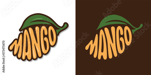 Fresh mango fruit typography sign. Hand drawn mango word lettering for logo, label, badge, emblem. Glossy colorful sticker. Vector illustration.