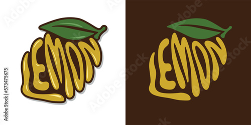 Fresh lemon fruit typography sign. Hand drawn lemon word lettering for logo, label, badge, emblem. Glossy colorful sticker. Vector illustration.