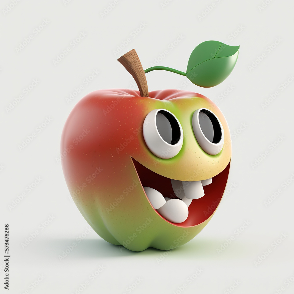 Naklejka premium Happy apple in 3d cartoon style - generated by Generative AI