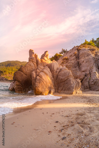 Fava beach rocks and sea in Vourvourou, Greece