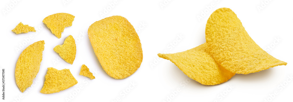 Potato chips isolated on white background with full depth of field. Top view. Flat lay. Potato chips isolated on white background with full depth of field. Top view. Flat lay.