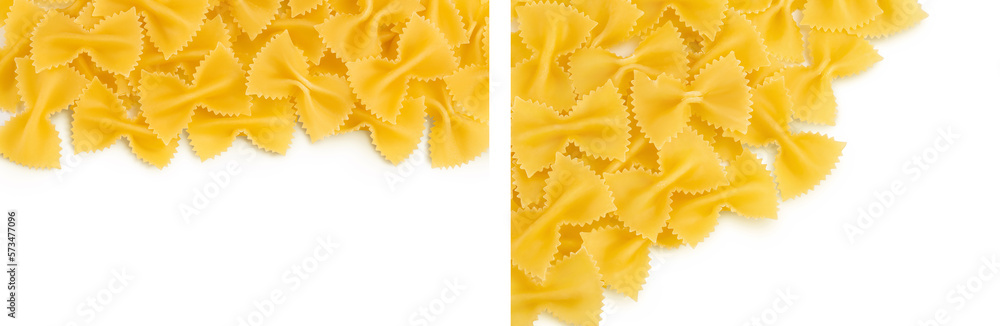 Bow tie pasta isolated on white background with full depth of field. Top view with copy space for your text. Flat lay. Bow tie pasta isolated on white background with full depth of field. Top view with copy space for your text. Flat lay.