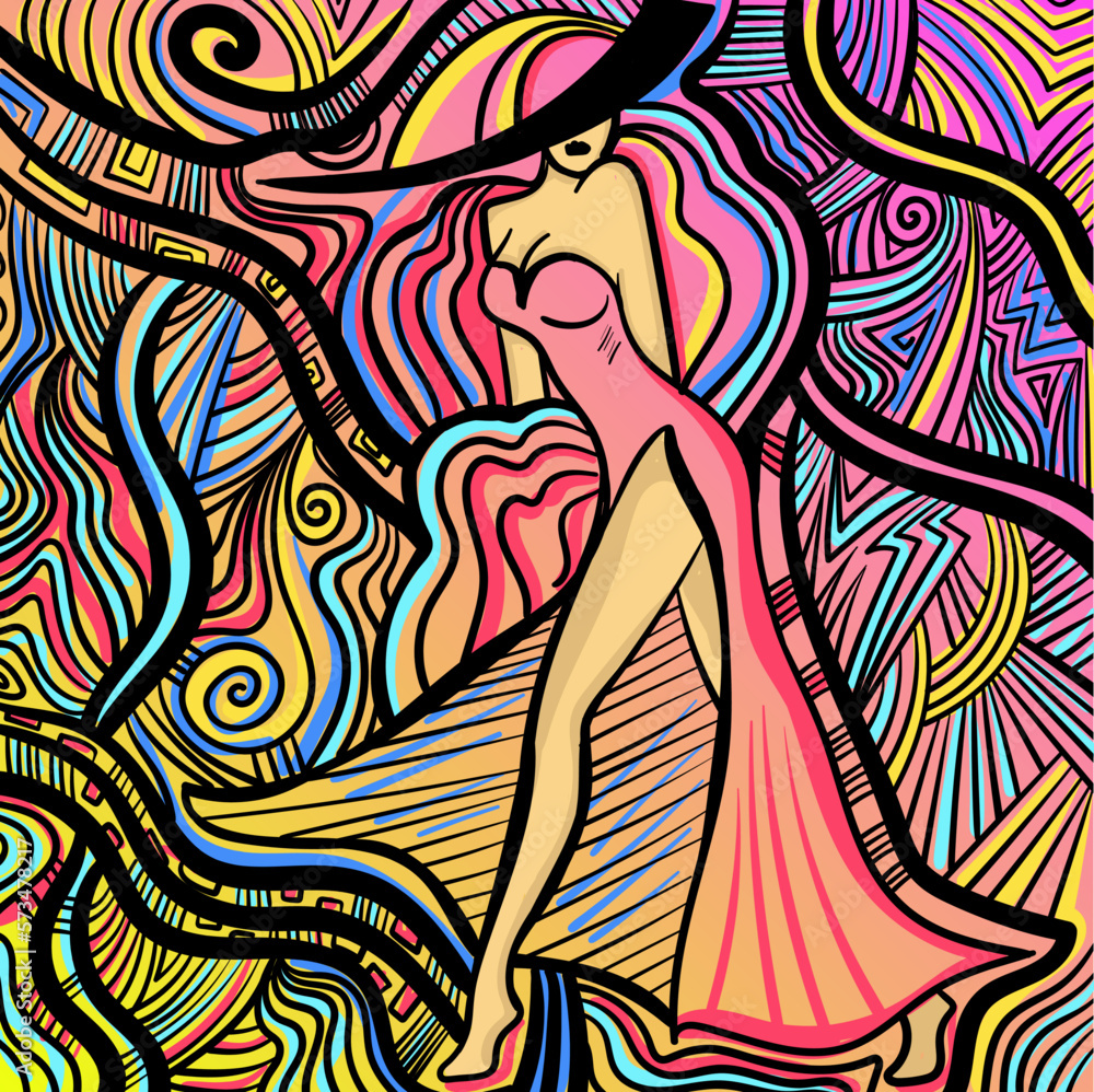 Colourful psychedelic line art with abstract woman. Doodles and lines abstract hand-drawn vector art.