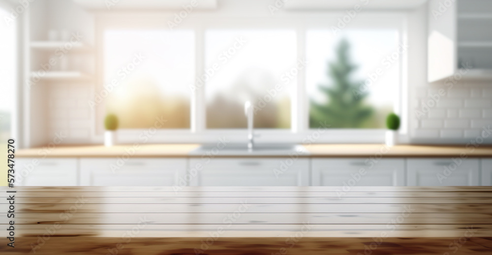 Selective focus.Wood table top counter island and blur kitchen room background.ai generated images Selective focus.Wood table top counter island and blur kitchen room background.ai generated images