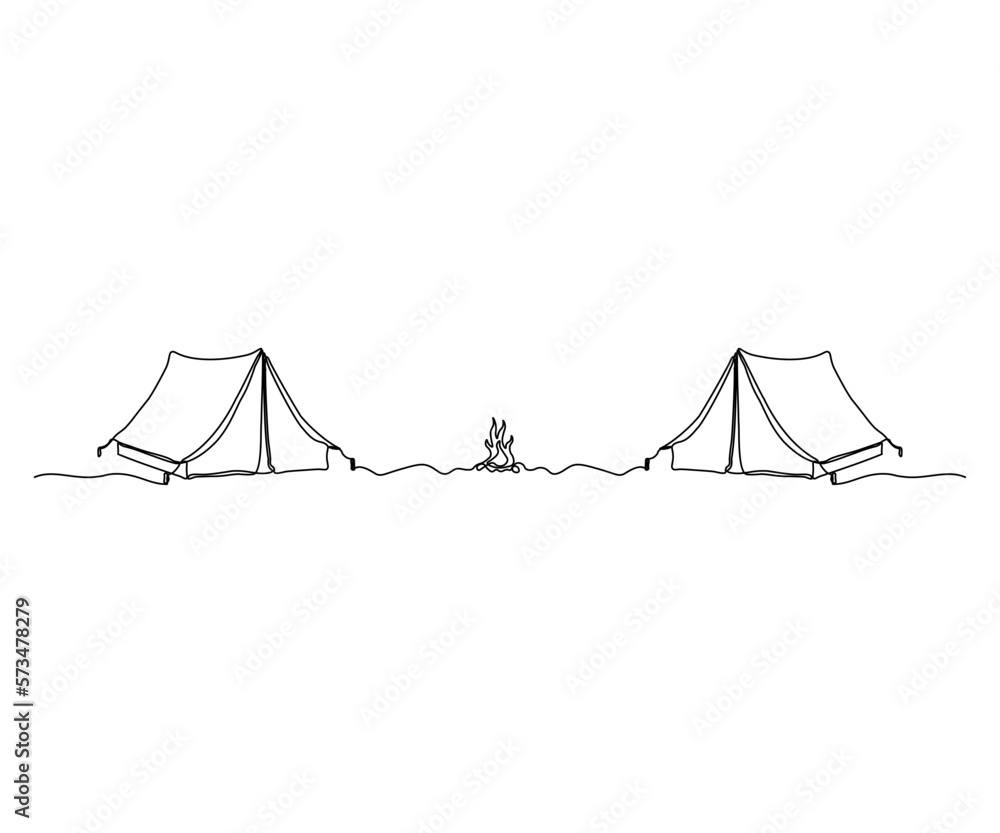 hiking tents and campfire camping hand drawn continuous monoline