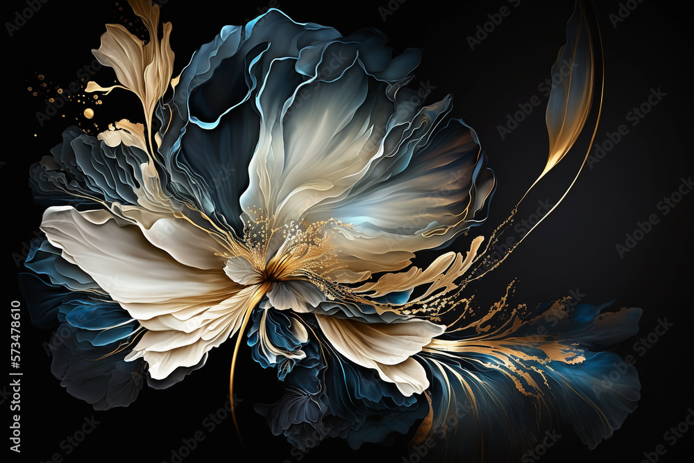 a wallpaper botanical flowers with one big flower for whole artwork flowing alcohol ink style bioluminescence navy blue background, white, gold, generative ai. - obrazy, fototapety, plakaty 