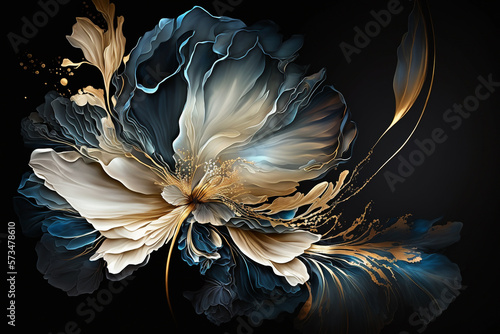 Canvas-taulu a wallpaper botanical flowers with one big flower for whole artwork flowing alcohol ink style bioluminescence navy blue background, white, gold, generative ai