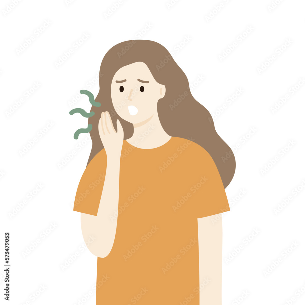 Woman Having Smelly Bad Breath Health Problem. Hygiene, bacteria concept. Flat vector cartoon character design illustration. Woman Having Smelly Bad Breath Health Problem. Hygiene, bacteria concept. Flat vector cartoon character design illustration.