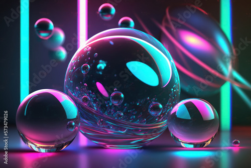 3D render realistic neon lights lines and bubbles background vector design illustration. Generative ai.