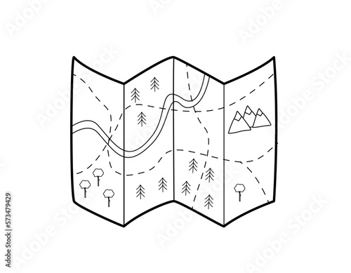 Paper map for tourists, hiking and traveling.  The route on the map for tourists, camping. Vector doodle illustration.