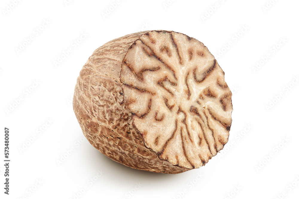 nutmeg half isolated on white background with full depth of field. Top view. Flat lay nutmeg half isolated on white background with full depth of field. Top view. Flat lay