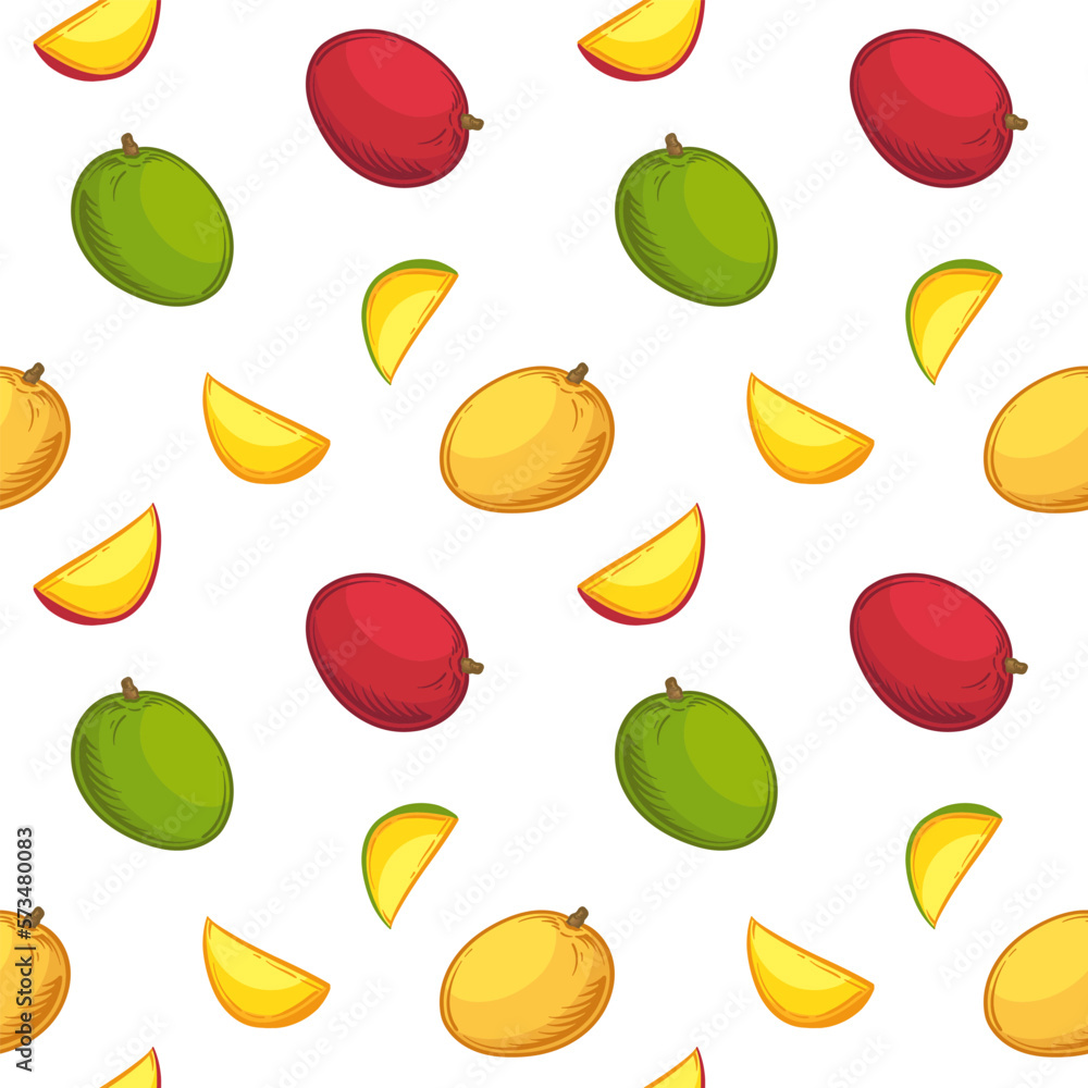 Colorful Mango in cartoon style. Mango isolated on a white background. Seamless vector pattern with fruit. Colorful Mango in cartoon style. Mango isolated on a white background. Seamless vector pattern with fruit.