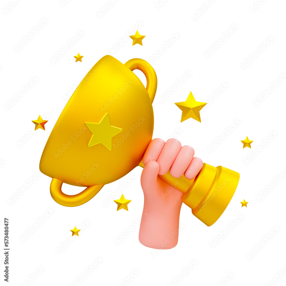 Fototapeta premium 3d minimal winner cup. Achievement award, Trophy cup. Champion trophy, shiny golden cup, Winner award. Hand holding a champion trophy cup with stars around. 3d rendering illustration.