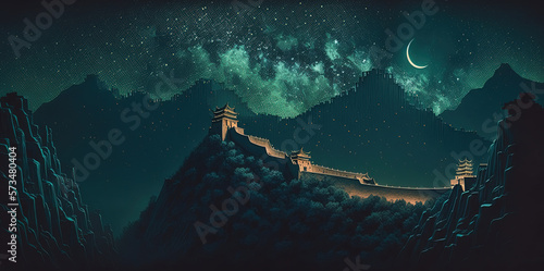 Foto The great wall of china at night, the stars of the milky way burning brightly above, breathtakingly beautiful