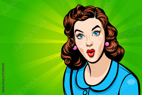 Pop art young beautiful brunette woman with 'wow' or surprised facial expression over vivid green background with rays and copy space, retro style stylization, comic vector illustration