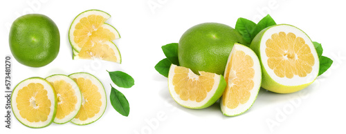 Fototapeta Naklejka Na Ścianę i Meble -  Citrus Sweetie or Pomelit, oroblanco with leaf isolated on white background with copy space for your text. Top view