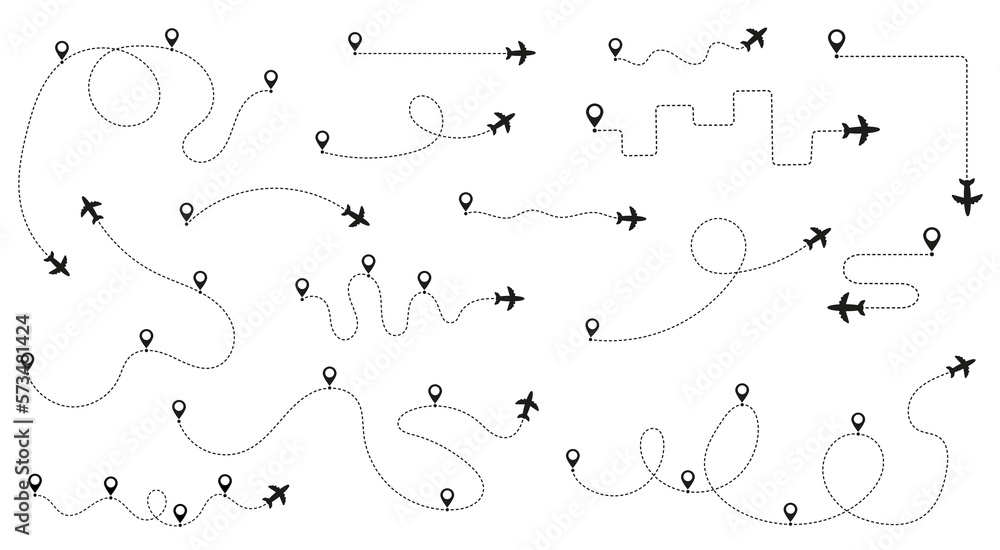 Airplane routes vector icon. . Plane paths. Aircraft tracking, planes, travel, map pins, location pins. EPS 10 Airplane routes vector icon. . Plane paths. Aircraft tracking, planes, travel, map pins, location pins. EPS 10