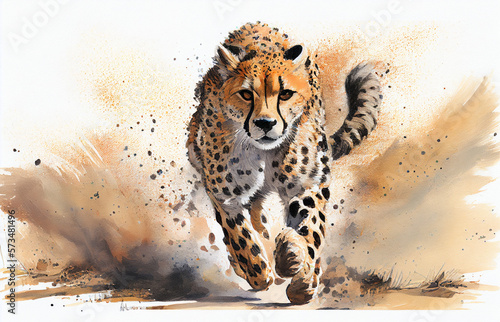 Cheetah running watercolor style painting created with generative AI 9