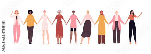Women empowerment feminist concept. Vector flat person modern illustration. Group of various ethnic woman holding hands in chain isolated on white. Design element for diversity banner, card, poster.