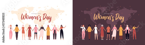 Happy women day feminist card concept. Vector flat person modern illustration set. Group of various ethnic woman holding hands in chain on world map background. Design for international holiday banner