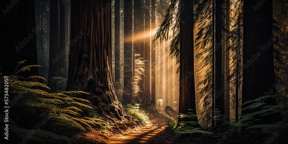 redwood forest at dusk - obrazy, fototapety, plakaty 