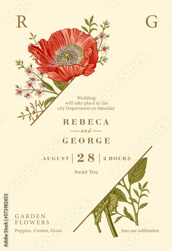 Wedding invitation. Poppy croton isolated floral. Beautiful blooming realistic flowers. Vintage greeting card. Frame. Drawing engraving. Wallpaper background baroque. Vector victorian Illustration