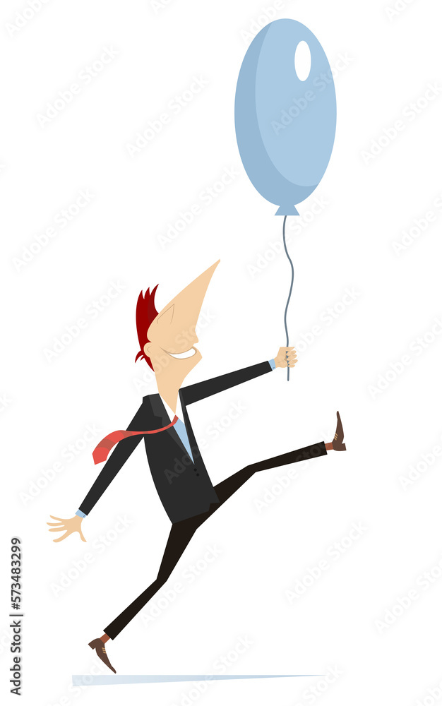 Young man holding an air balloon illustration. 
Funny man walking with an air balloon. Isolated on white background
