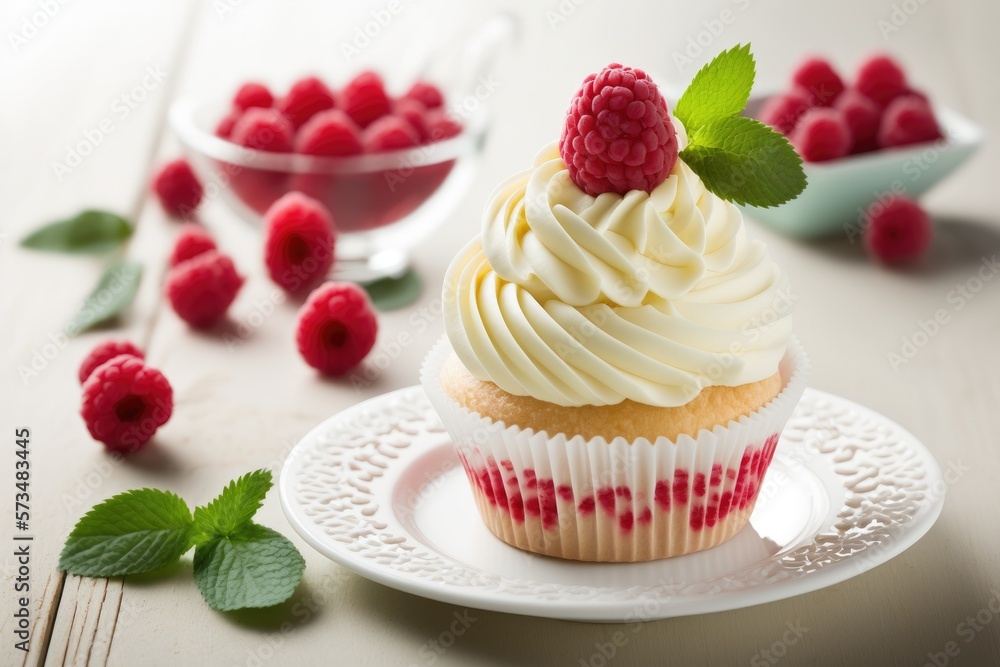 Tasty cupcake with cream and raspberry, Generative AI Tasty cupcake with cream and raspberry, Generative AI