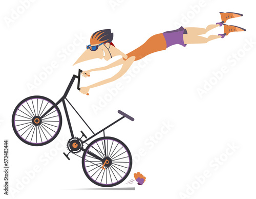 Fototapeta Naklejka Na Ścianę i Meble -  Biker cycling bicycle sport.
Cycling bicycle extreme high jump. Cyclist man making a trick on the bike

