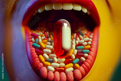 Open mouth full of pills and pills with medicines, the concept of vitamin overdose or poisoning of the human body. Generative AI photo