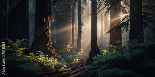 redwood forest at dusk photo