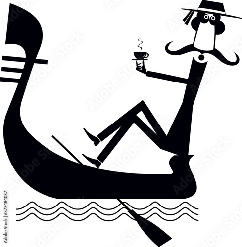 Man riding a gondola. 
Resting gondolier drinking a cup of coffee or tea. Black on white illustration
