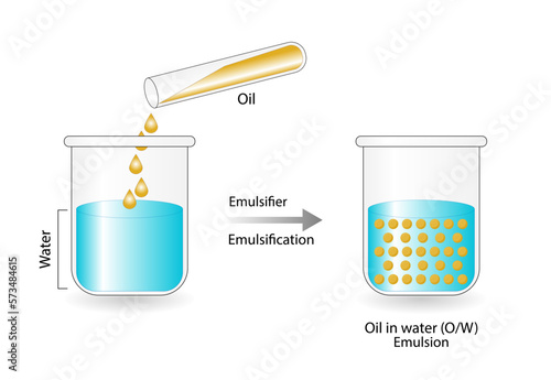 Emulsion, a mixture of two immiscible liquids (oil and water) in beakers, Emulsion oil in water, Immiscible liquids. Emulsification, emulsifier. isolated on white background. Vector illustration.