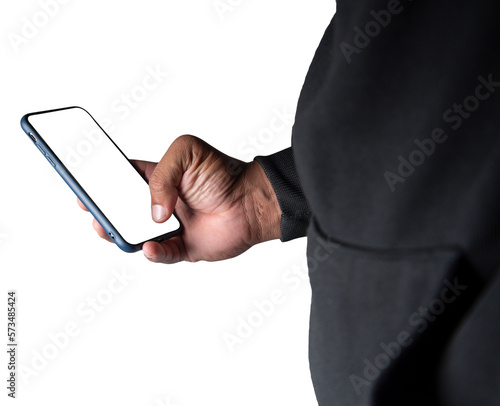 Close-up. An anonymous hacker wearing a mask and black hoodie shows off a smartphone with a blank white screen. Hacking and malware concept. Transparent background. png.file